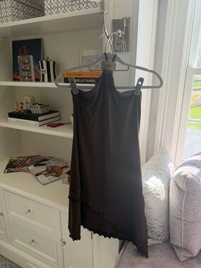 Vintage Brown Asymmetric Halter Dress